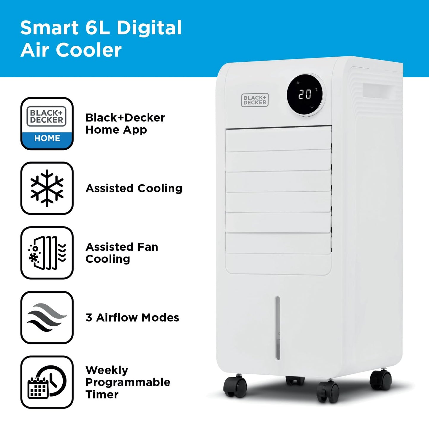 BLACK+DECKER Smart Digital Air Cooler, App & Remote Control, Weekly Programmable Timer, 3 Airflow Modes, Portable with 6L Water Tank, BXAC65014GB