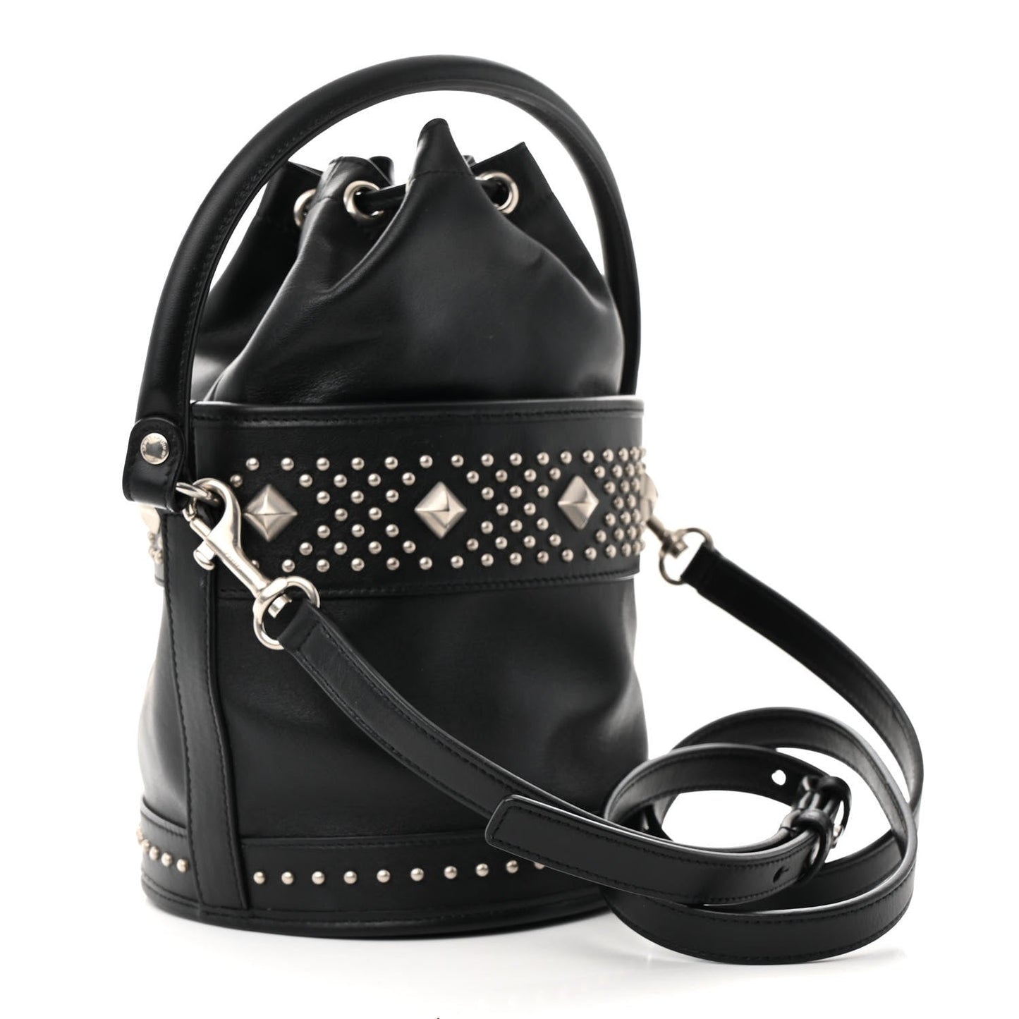 Saint Laurent Smooth Calfskin Studded Small Bahia Drawstring Bucket Bag Black