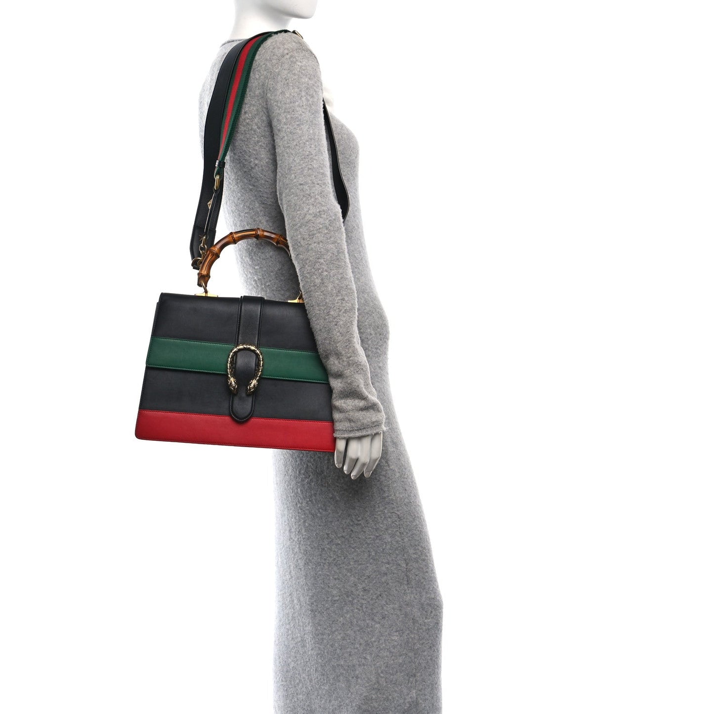 Gucci Calfskin Bamboo Web Large Dionysus Top Handle Bag Black Bright Evergreen Hibiscus Red