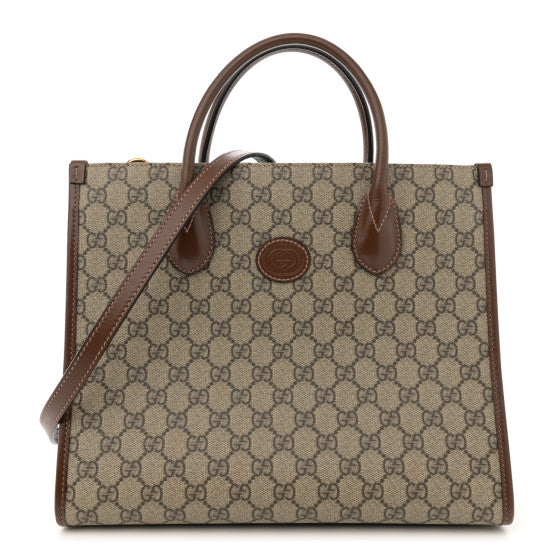 Gucci GG Supreme Monogram Azalea Calfskin Small Retro Interlocking G Tote Bag Beige Ebony Brown Sugar