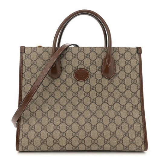 Gucci GG Supreme Monogram Azalea Calfskin Small Retro Interlocking G Tote Bag Beige Ebony Brown Sugar