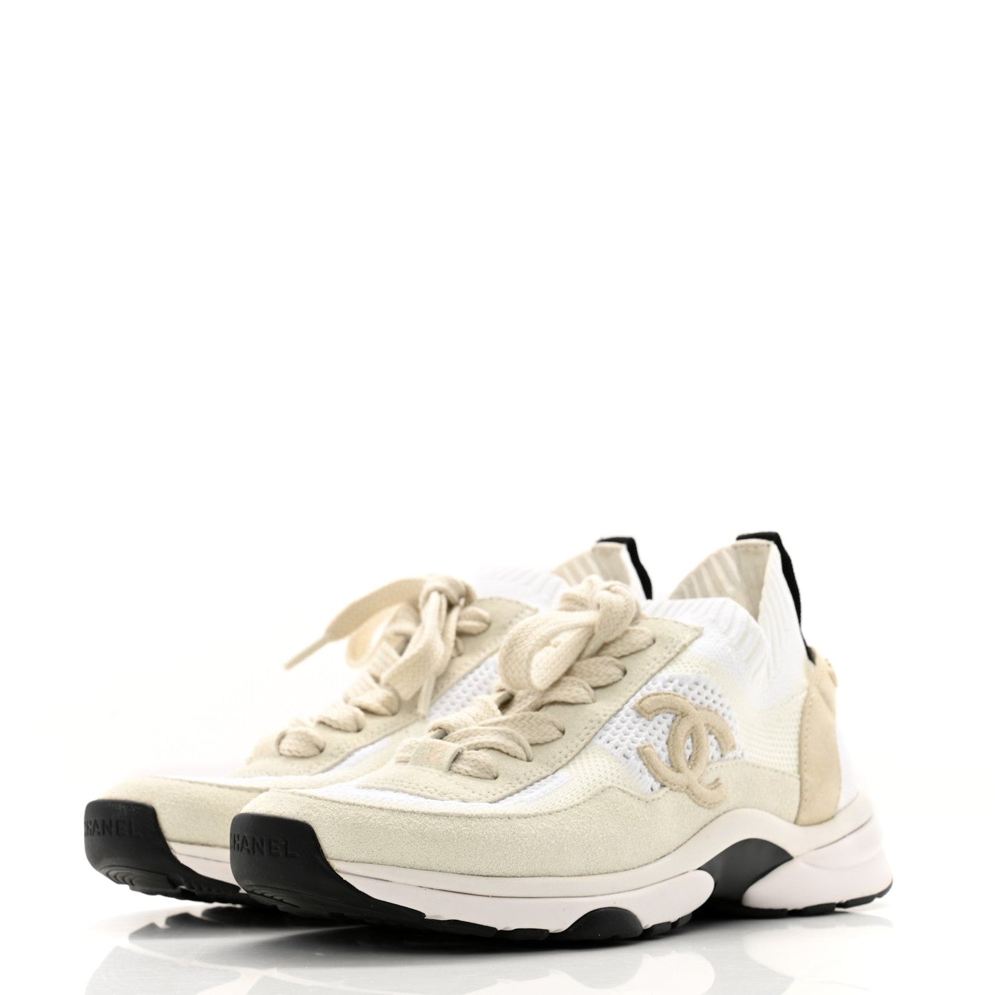 Chanel Mesh Suede Fabric Womens CC Sneakers 36 White Ivory Light Beige