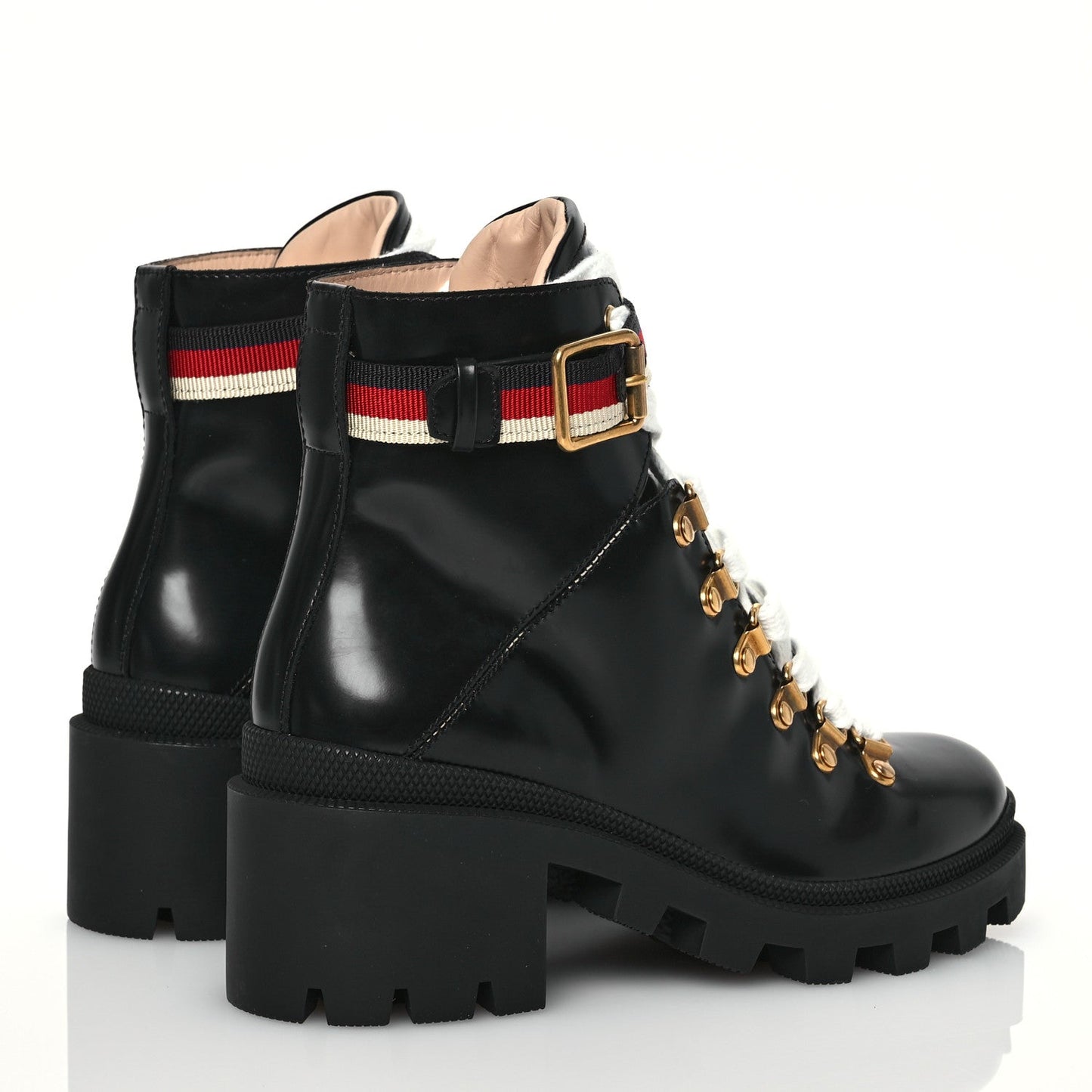 Gucci Calfskin Sylvie Web Womens Lace Up Combat Boots 35 Black