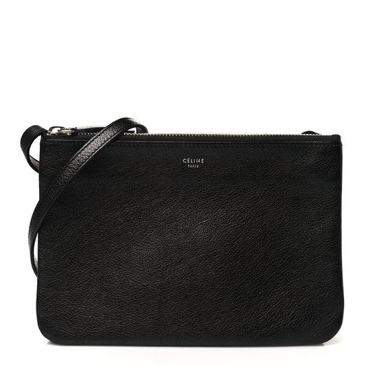 Celine Shiny Textured Calfskin Trio Crossbody Bag Black