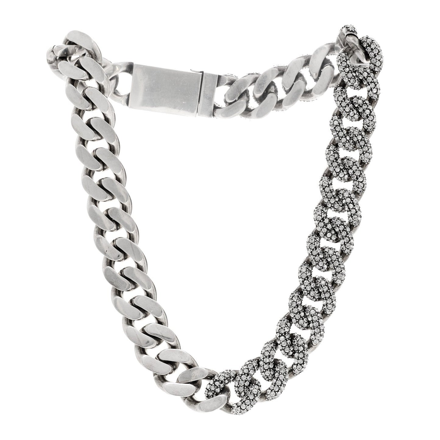 Saint Laurent Crystal Curb Chain Necklace Oxidized Silver