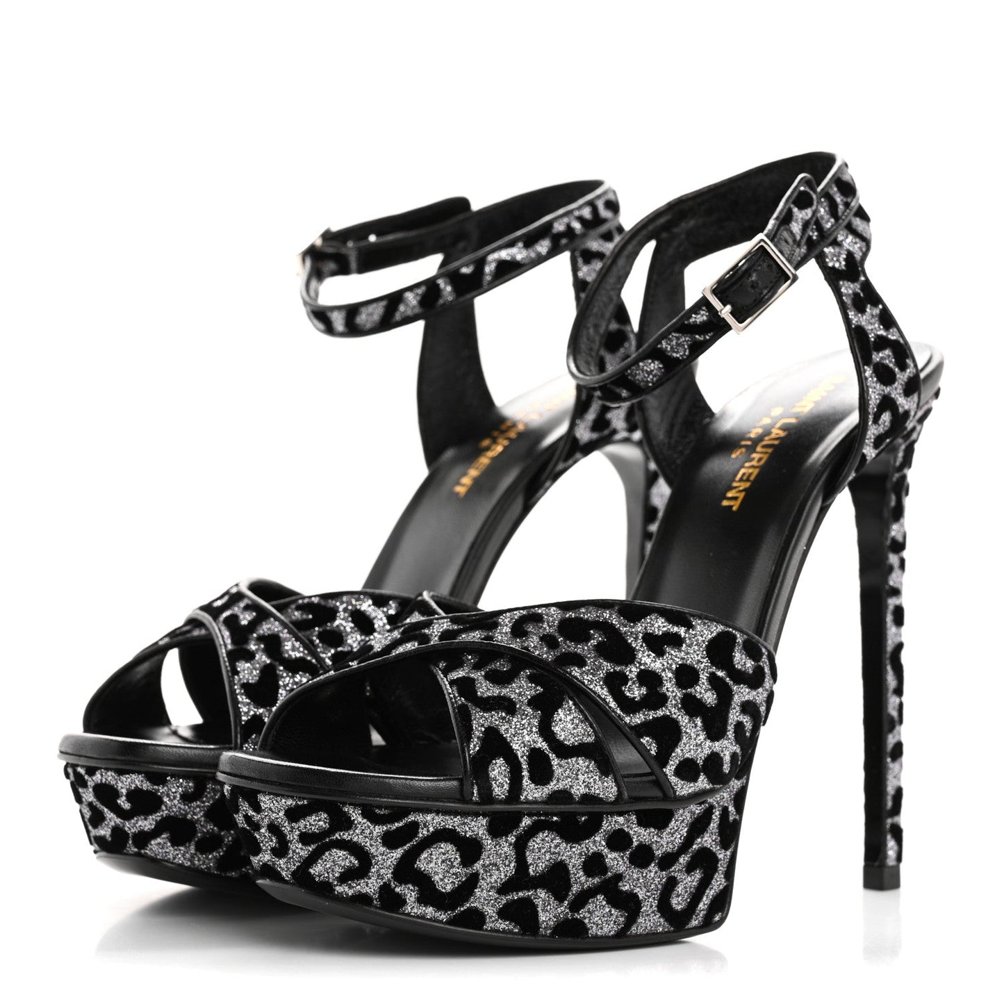 Saint Laurent Velvet Glitter Leopard Print Platform Sandals 37 Argento Black