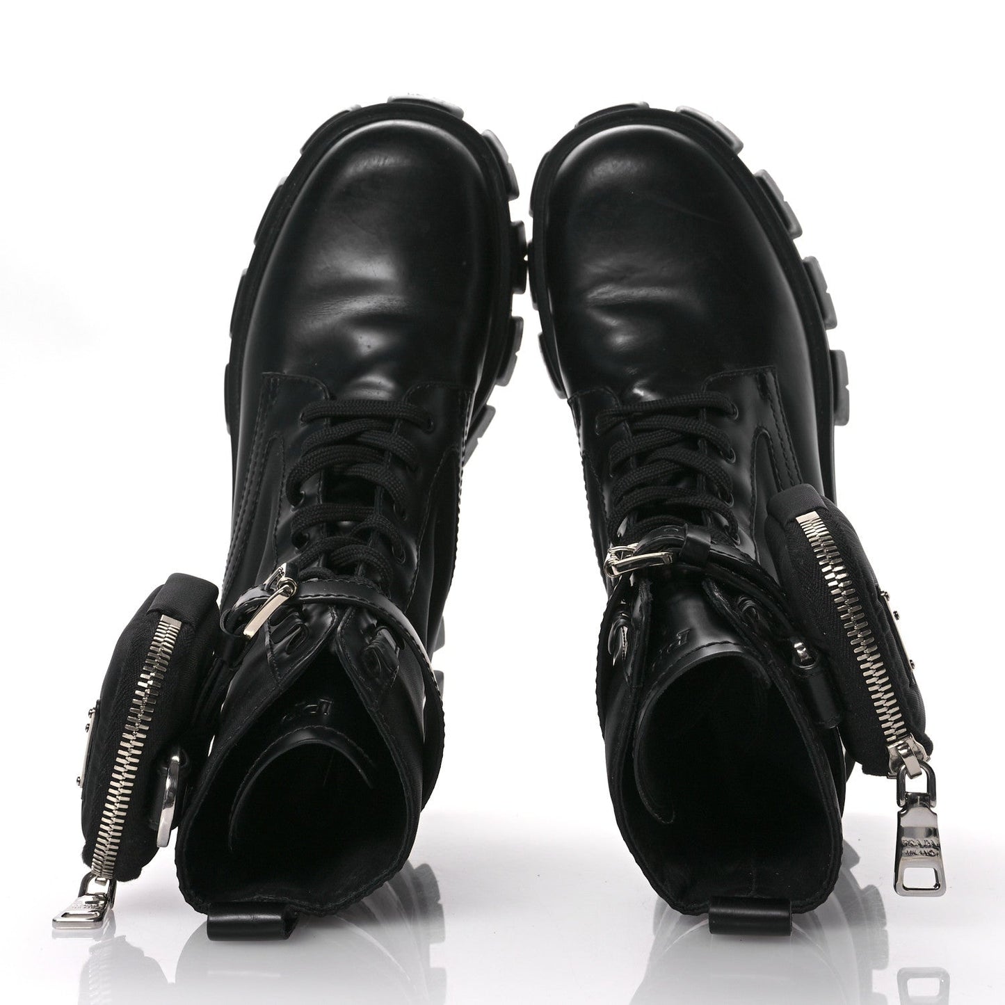 Prada Spazzolato Rois Nylon Metal Triangle Logo Monolith Pouch Pocket 55mm Boots 38.5 Black