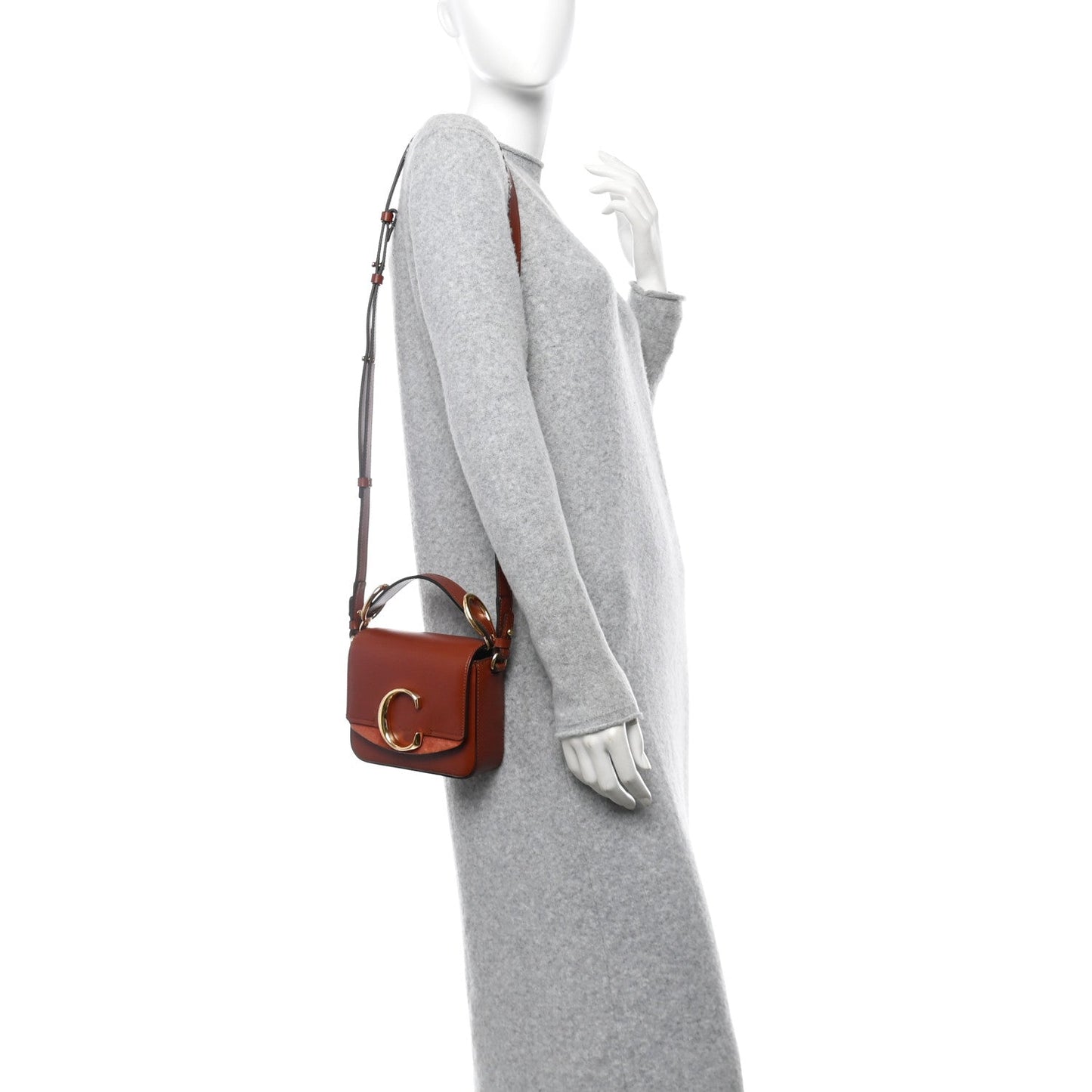 Chloe Shiny Calfskin Suede Mini C Bag Sepia Brown