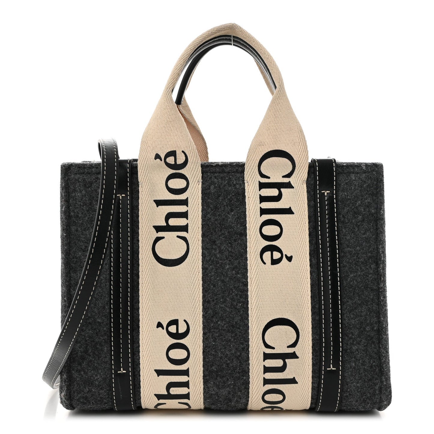 Chloe Felt Calfskin Small Woody Ribbon Tote With Strap Cashmere Grey