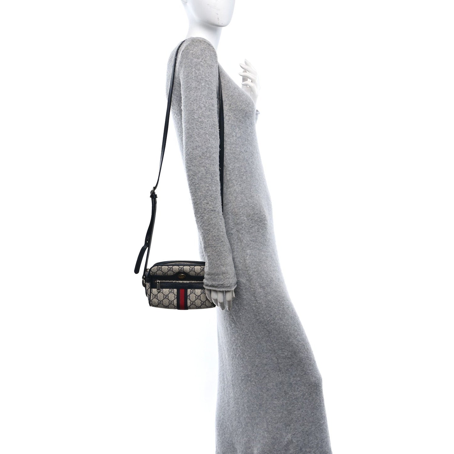 Gucci GG Supreme Monogram Textured Dollar Calfskin Web Mini Ophidia Shoulder Bag Beige Blue