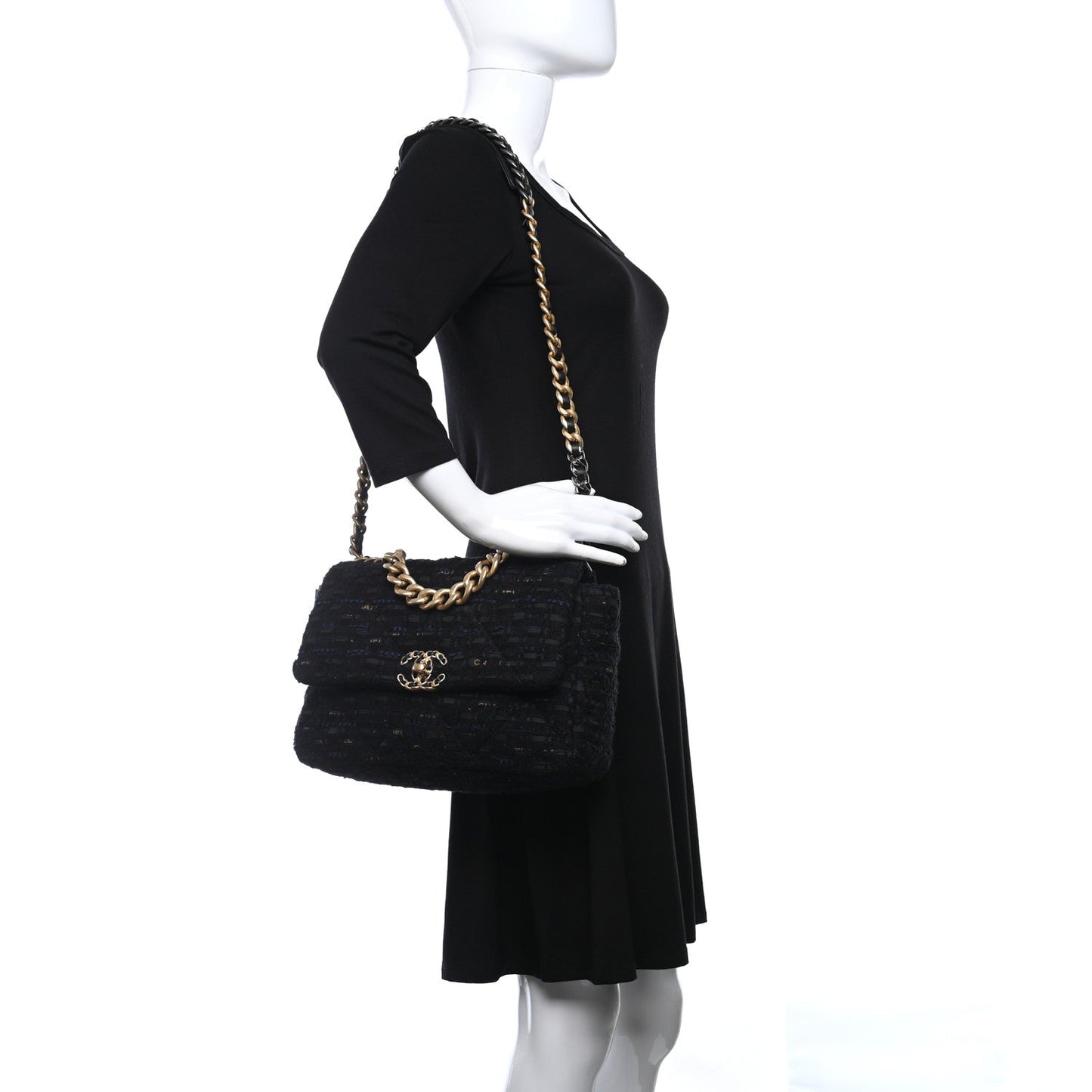Chanel Tweed Quilted Large 19 Flap Black Navy Gold