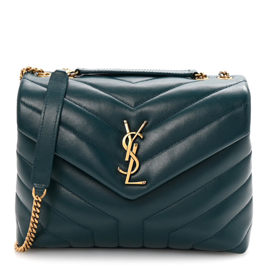 Saint Laurent Calfskin Y Quilted Monogram Small Loulou Chain Satchel Sea Turquoise