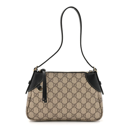 Gucci GG Supreme Monogram Textured Calfskin Small Emblem Shoulder Bag Beige Black