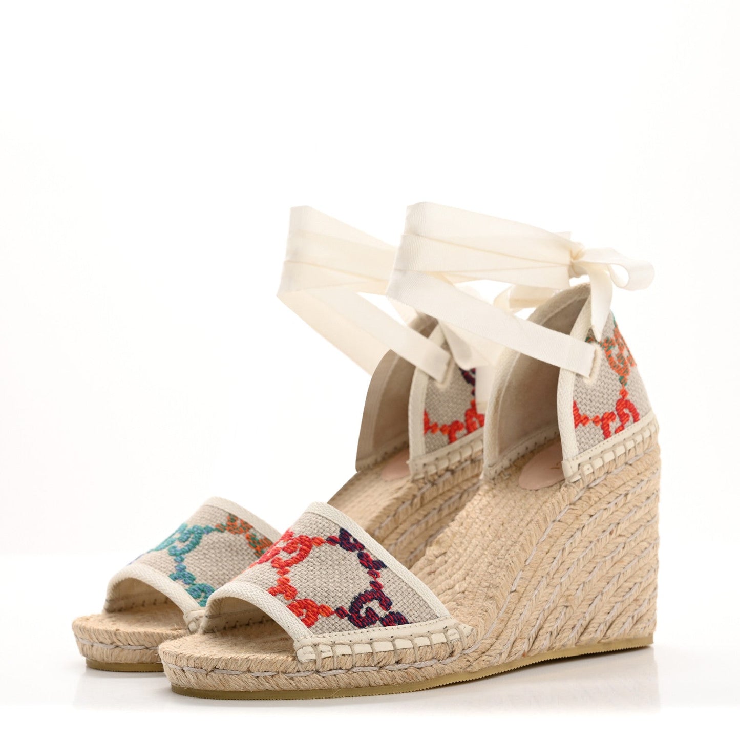 Gucci Linen Psychedelic Mini GG Monogram Ankle Wrap Platform Espadrille Wedge Sandals 39 Multicolor Mystic White