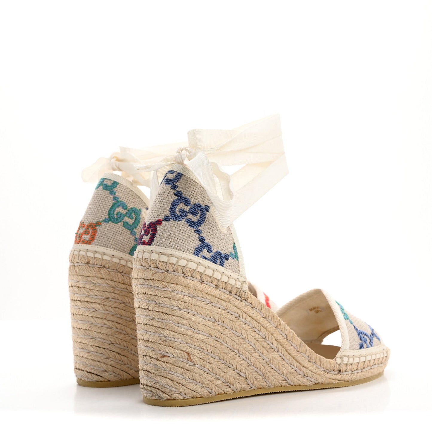 Gucci Linen Psychedelic Mini GG Monogram Ankle Wrap Platform Espadrille Wedge Sandals 39 Multicolor Mystic White