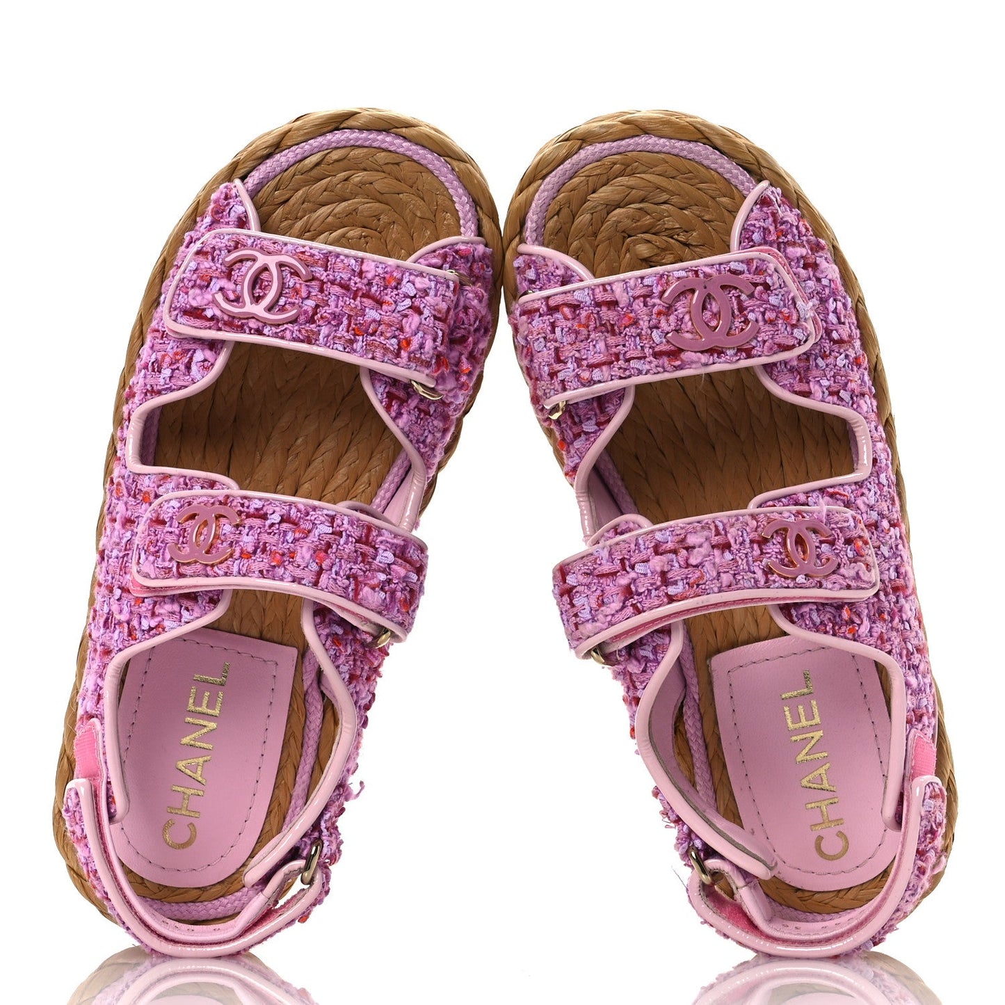 Chanel Tweed Patent Calfskin Velcro Dad Sandals 36 Light Purple Pink Red