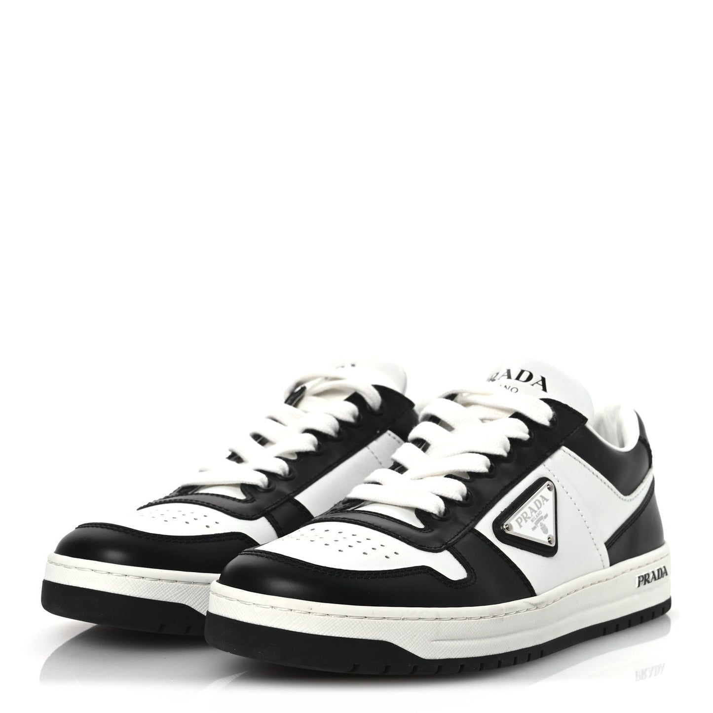 Prada Vitello Sport Spazzolato Rois Metal Triangle Logo Downtown Low Top Sneakers 37.5 White Black
