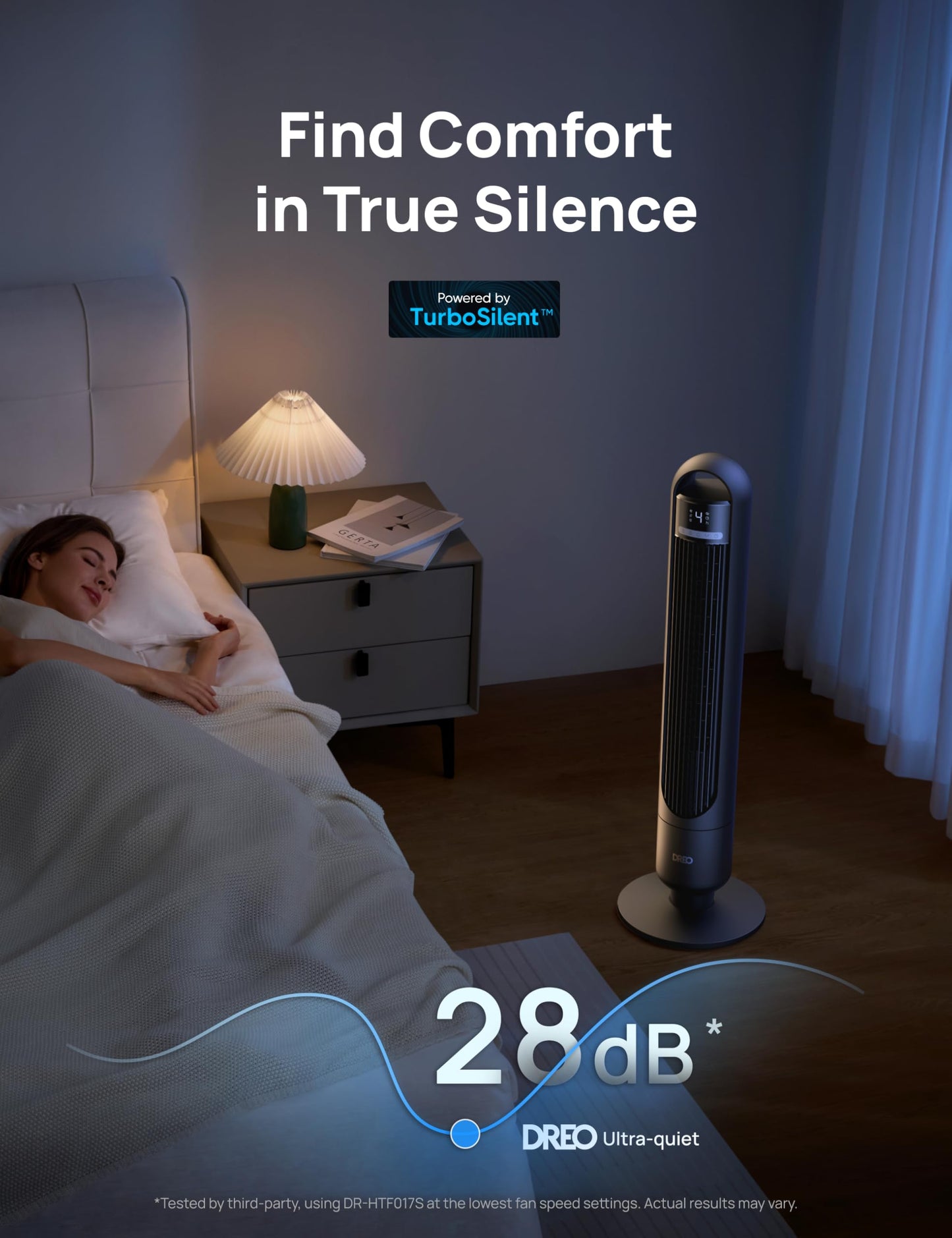 DREO Smart Tower Fan for Bedroom& Home, 26ft/s Powerful Airflow, 33ft Coverage, 1-12H Timer, 4 Speeds, 3 Modes, 28dB Bladeless Fan with App & Voice Control, 90° Oscillating Cooling Fan, LED Display