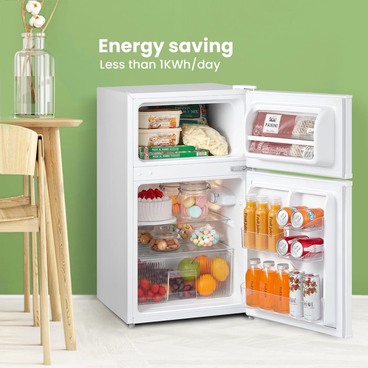 COMFEE' RCT87WH2(E) Under Counter Fridge Freezer, 87L Small Fridge Freezer with Light, Removable Shelves, Adjustable Thermostats, Reversible Doors, White