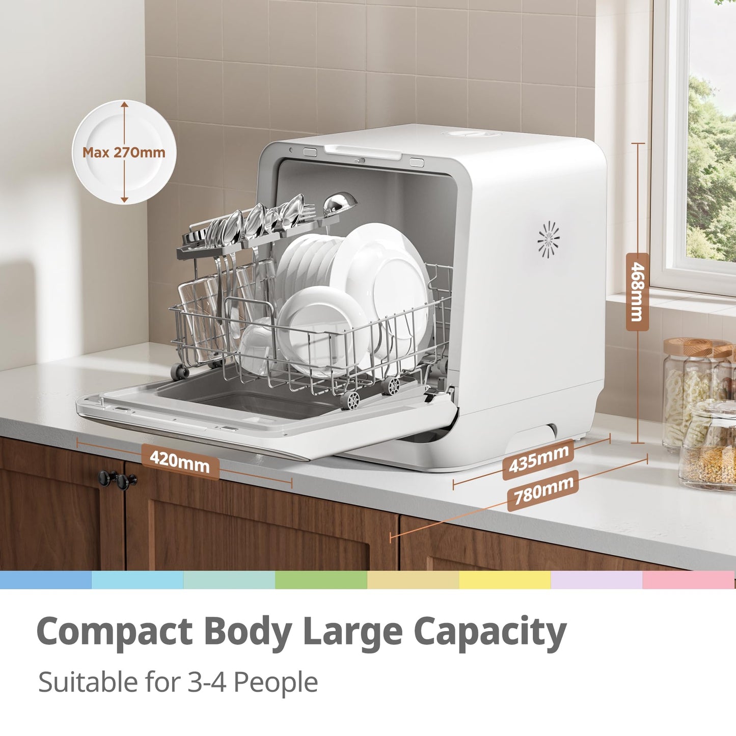 COMFEE' Table Top Dishwasher 7+3 Programs Mini Tabletop Dishwasher No Plumbing, 6L Built-in Water Tank, Hygiene Wash, Auto Door Open Drying, Baby Care, Energy Class D- White