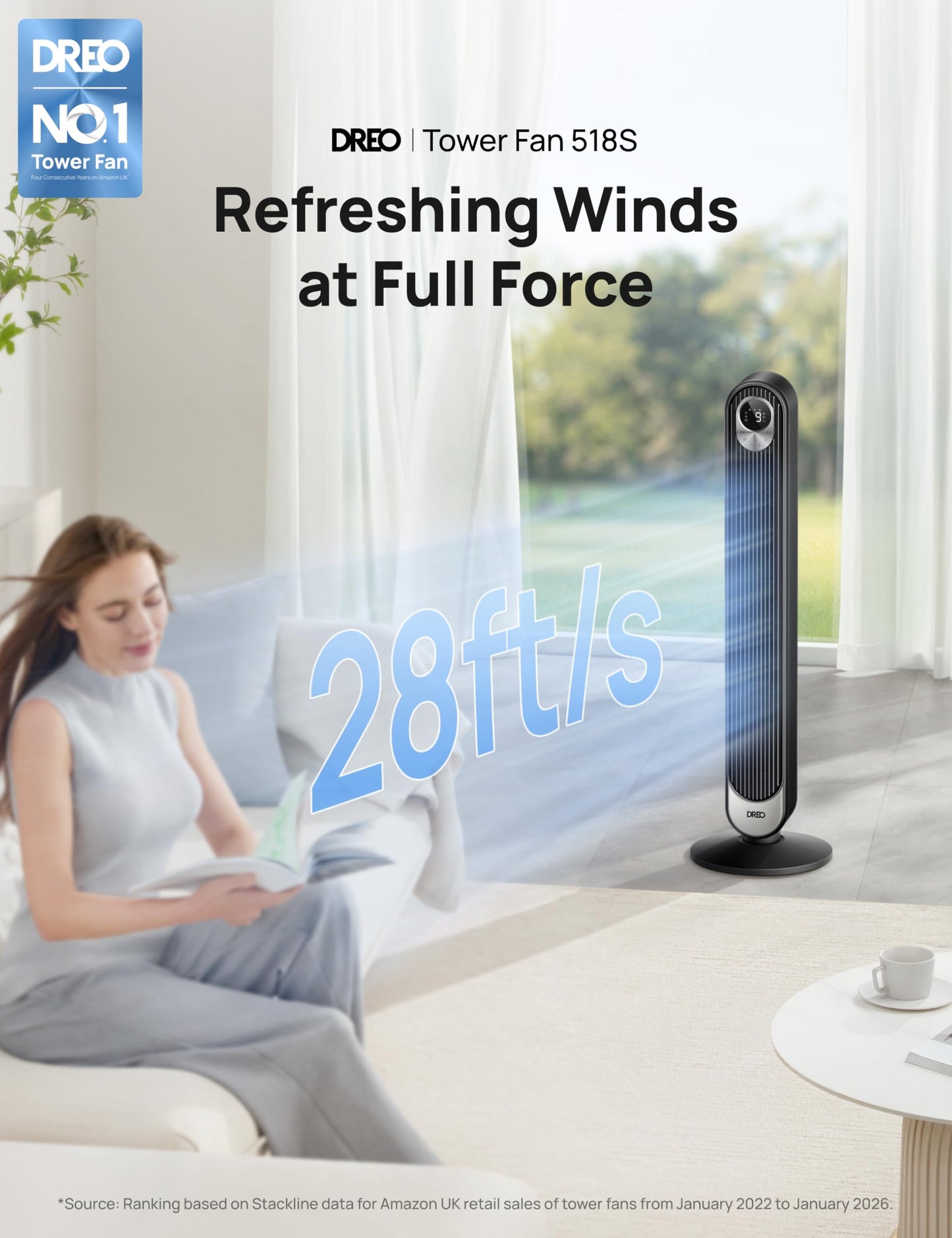 DREO 42 Inch Smart Tower Fan, 8.5m/s High-Velocity Cooling Fans, 9 Speeds Standing Fans for Bedroom, 25dB Silent Bladeless Electric Fan, 4 Modes, 90° Oscillating, 12H Timer, WiFi/Alexa/Remote Control
