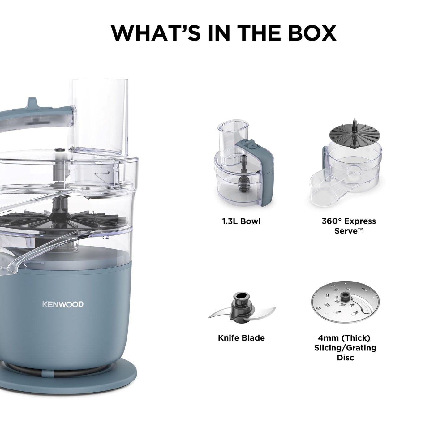 Kenwood, MultiPro Go FDP22.130GY, Food Processor, for Chopping, Slicing, Grating, Pureeing and Kneading Dough, with Express Serve, 1.3L Bowl, Knife blade, 4mm Slicing/Grating Disk, 650 Watts, Grey