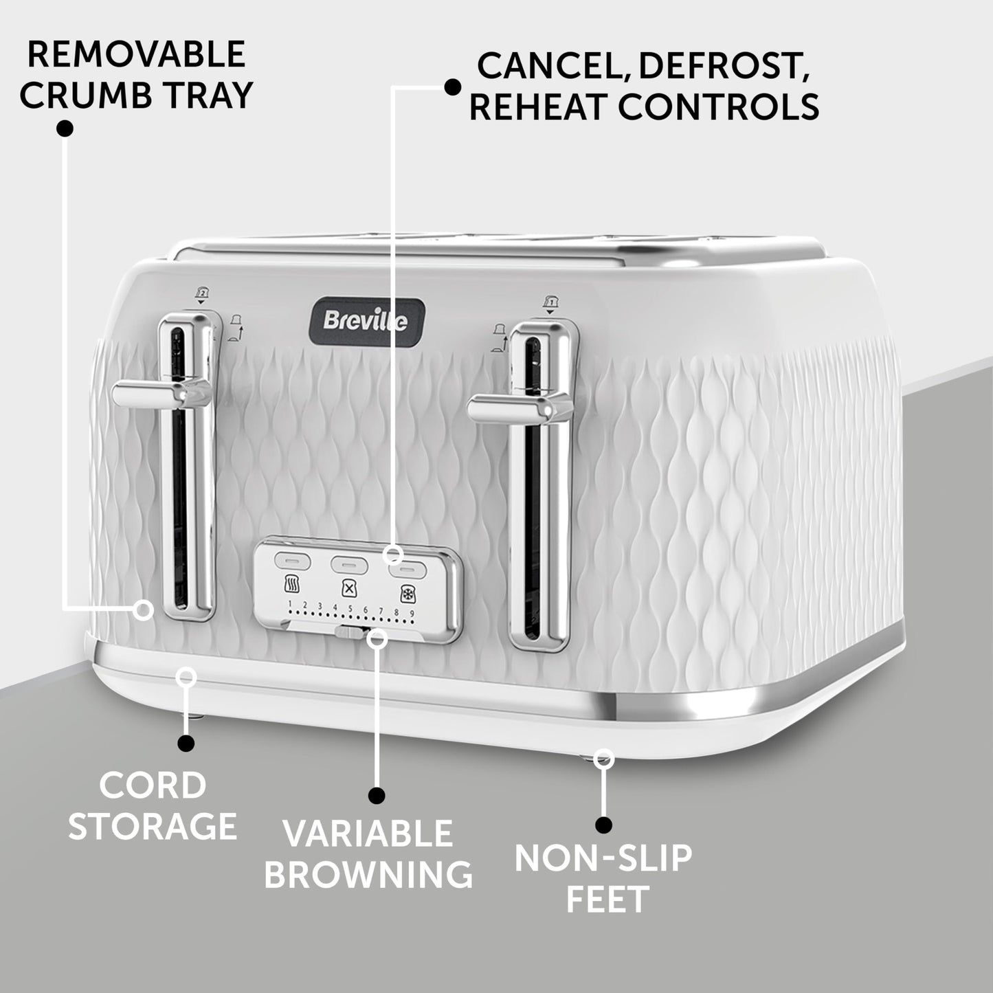 Breville Curve 4 Slice Toaster with High Lift & Wide Slots | White & Chrome [VTT911]