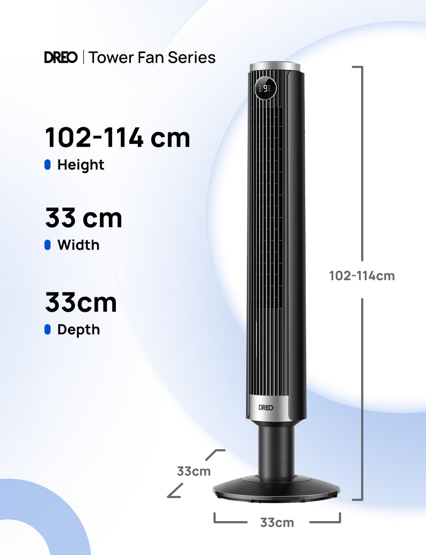 DREO Smart 40"-45" Tower Fan for Bedroom, Adjustable Height, 28 ft/s Velocity, DC Motor, 9 Speeds, 4 Modes, 90°Oscillating, Standing Fan, 20dB Quiet, 12H Timer for Home, Office, Google/Alexa, Black