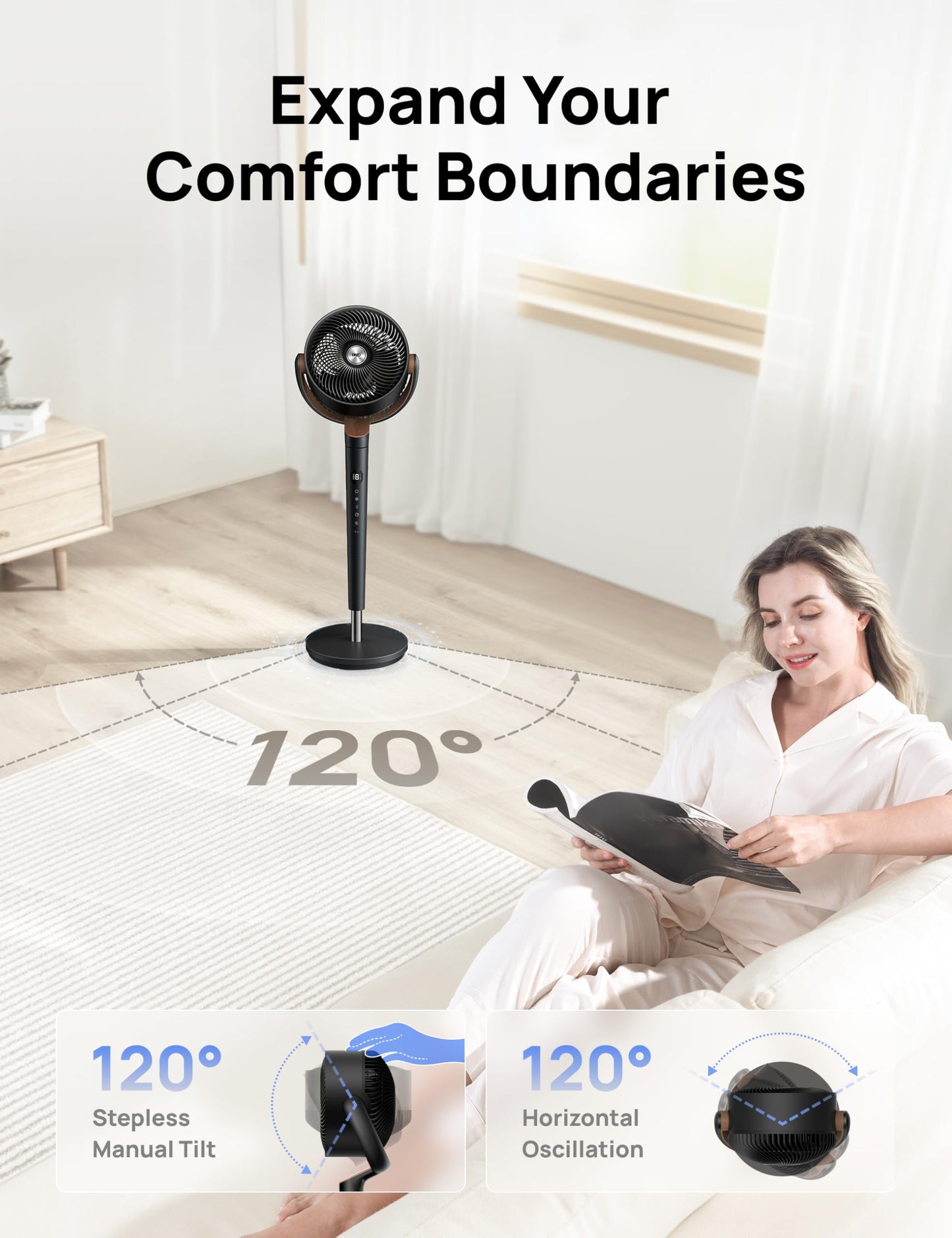 DREO 20dB Ultra Quiet Standing Pedestal Fan for Bedroom, 120° Oscillating Electric Cooling Fan with DC Motor, 9 Speeds & 4 Modes, 8H Timer, Remote, 37-42" Adjustable Height, 9" Blade, Home & Office