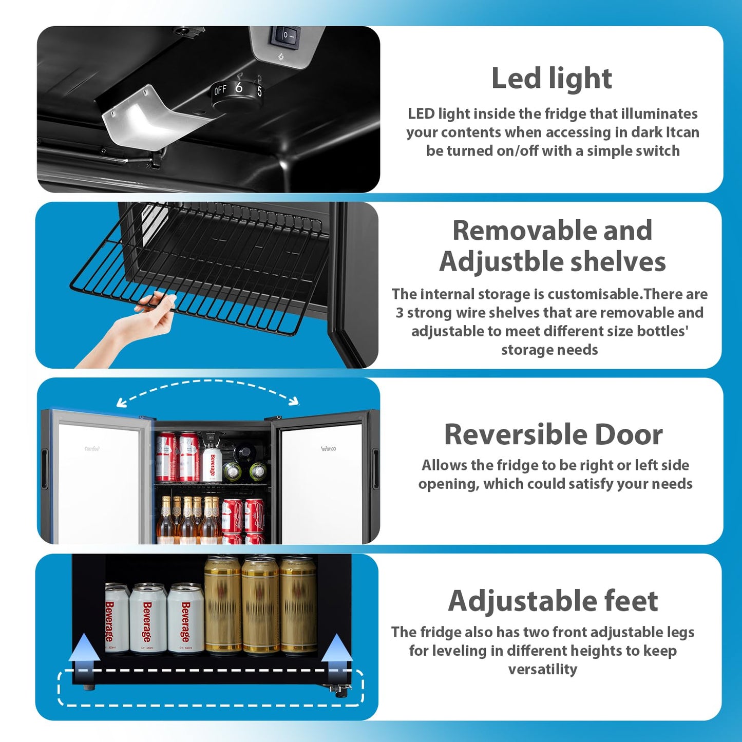 COMFEE' RCZ99BG2(E) Under Counter Beer & Drinks Fridge-93L Capacity,Holds up to 115 Cans, Premium Temperature Performance (2℃ to 15℃), Glass Door, Removable Shelves, LED Light, Low Noise