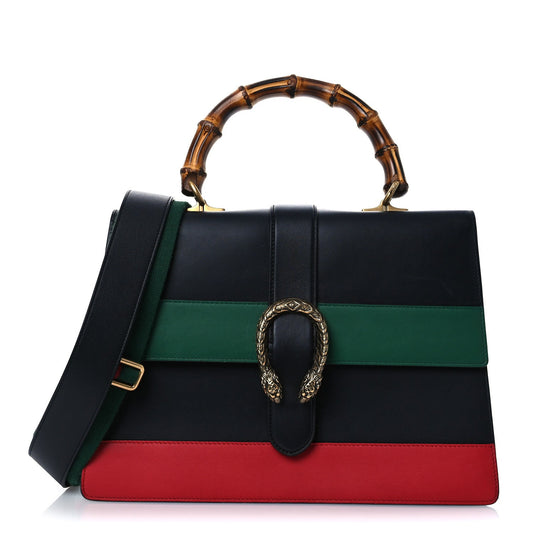 Gucci Calfskin Bamboo Web Large Dionysus Top Handle Bag Black Bright Evergreen Hibiscus Red