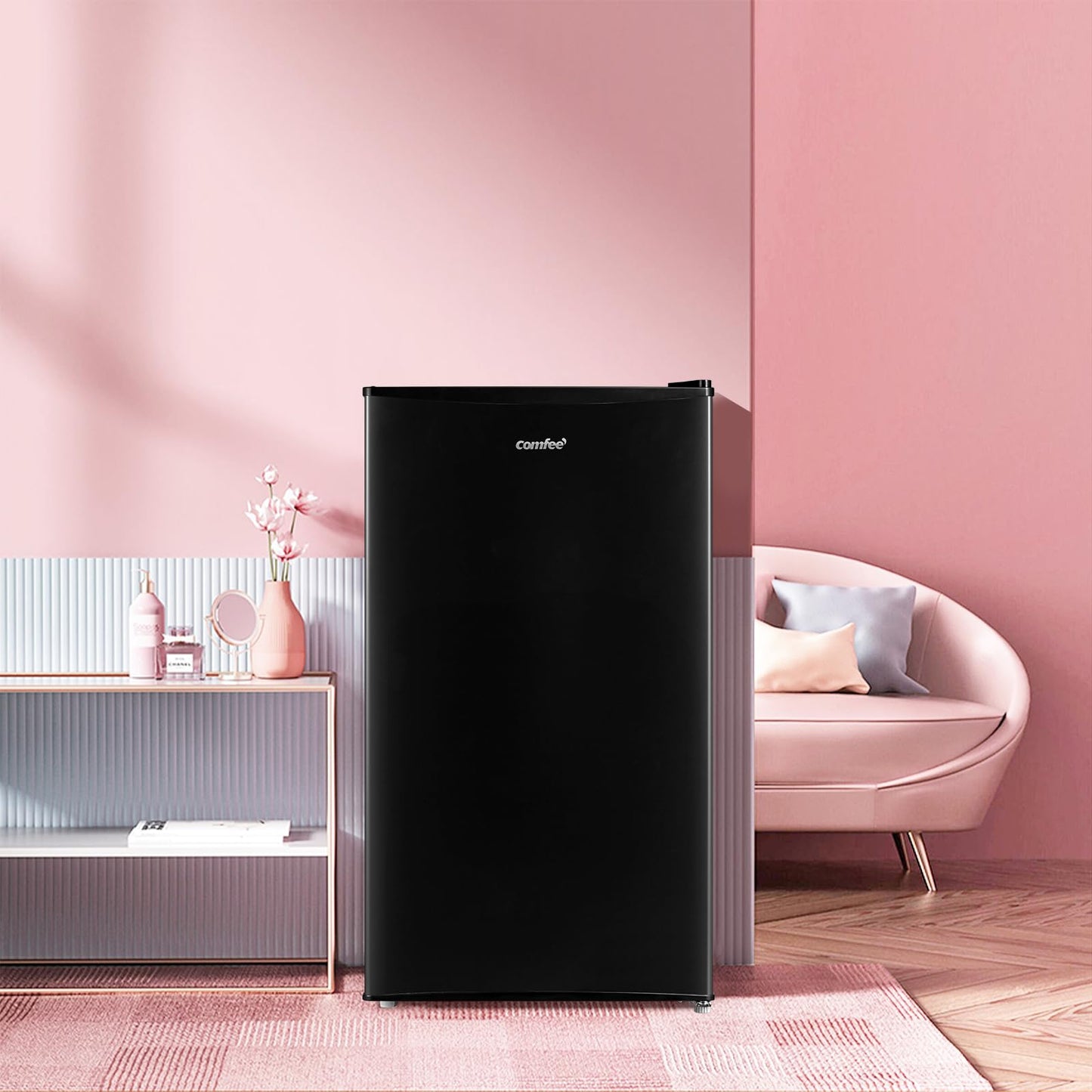 COMFEE' RCD93BL2(E) Under Counter Fridge, 93L Small Fridge with Cooler Box, Interior Light, Removable Glass Shelf, Reversible Door Hinge, Adjustable Legs, Standard Refrigerator White [Energy Class E]