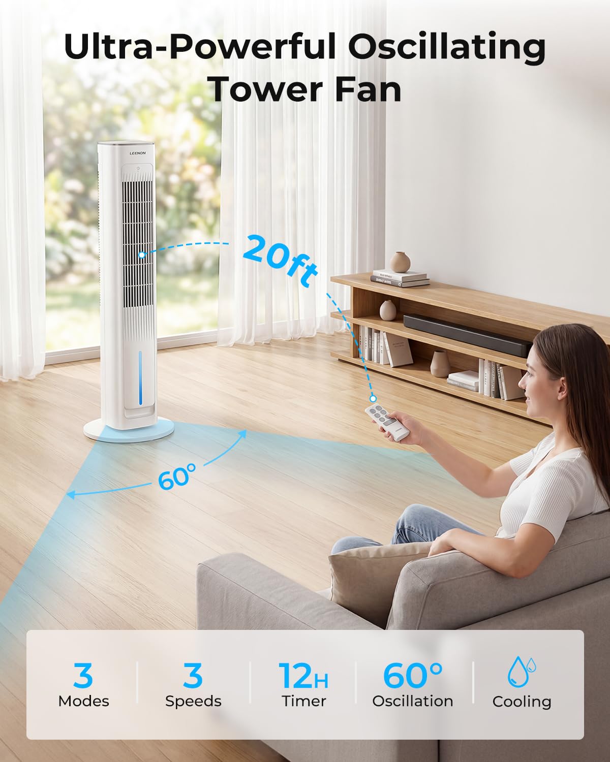 LEENON 3in1 Evaporative Air Cooler, 38" Tower Fan with Remote, As Low As 35dB Quiet Portable Cooling Fan for Bedroom, 3 Speeds & 4 Modes, 12H Timer, Auto Oscillating Air Cooler for Home & Office