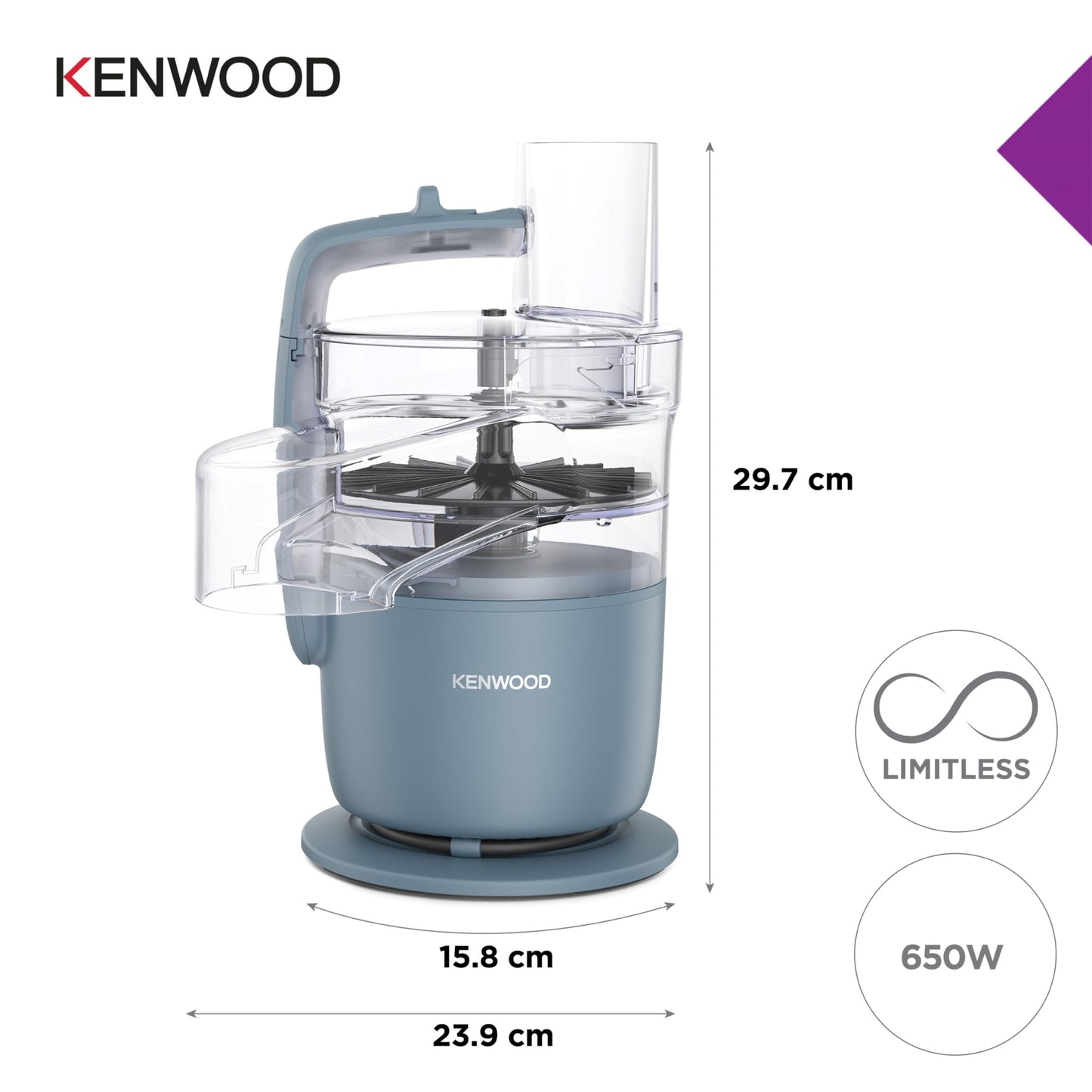 Kenwood, MultiPro Go FDP22.130GY, Food Processor, for Chopping, Slicing, Grating, Pureeing and Kneading Dough, with Express Serve, 1.3L Bowl, Knife blade, 4mm Slicing/Grating Disk, 650 Watts, Grey