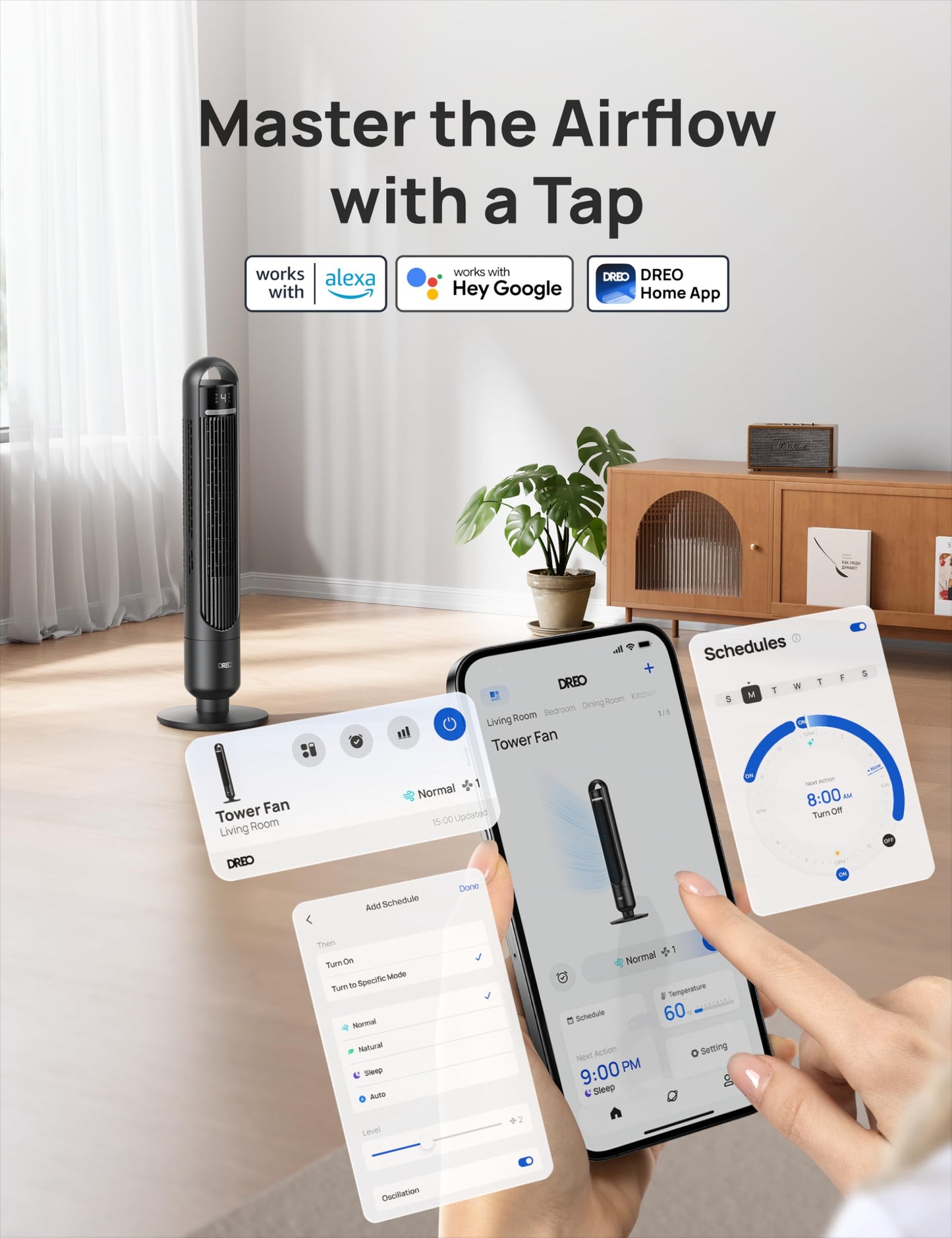 DREO Smart Tower Fan for Bedroom& Home, 26ft/s Powerful Airflow, 33ft Coverage, 1-12H Timer, 4 Speeds, 3 Modes, 28dB Bladeless Fan with App & Voice Control, 90° Oscillating Cooling Fan, LED Display