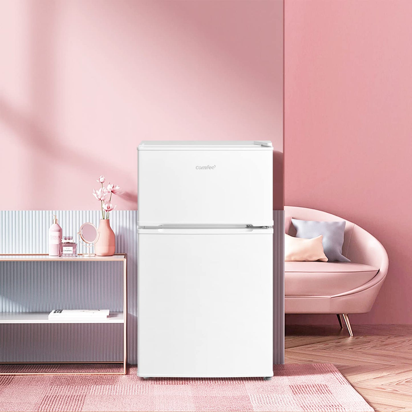 COMFEE' RCT87WH2(E) Under Counter Fridge Freezer, 87L Small Fridge Freezer with Light, Removable Shelves, Adjustable Thermostats, Reversible Doors, White