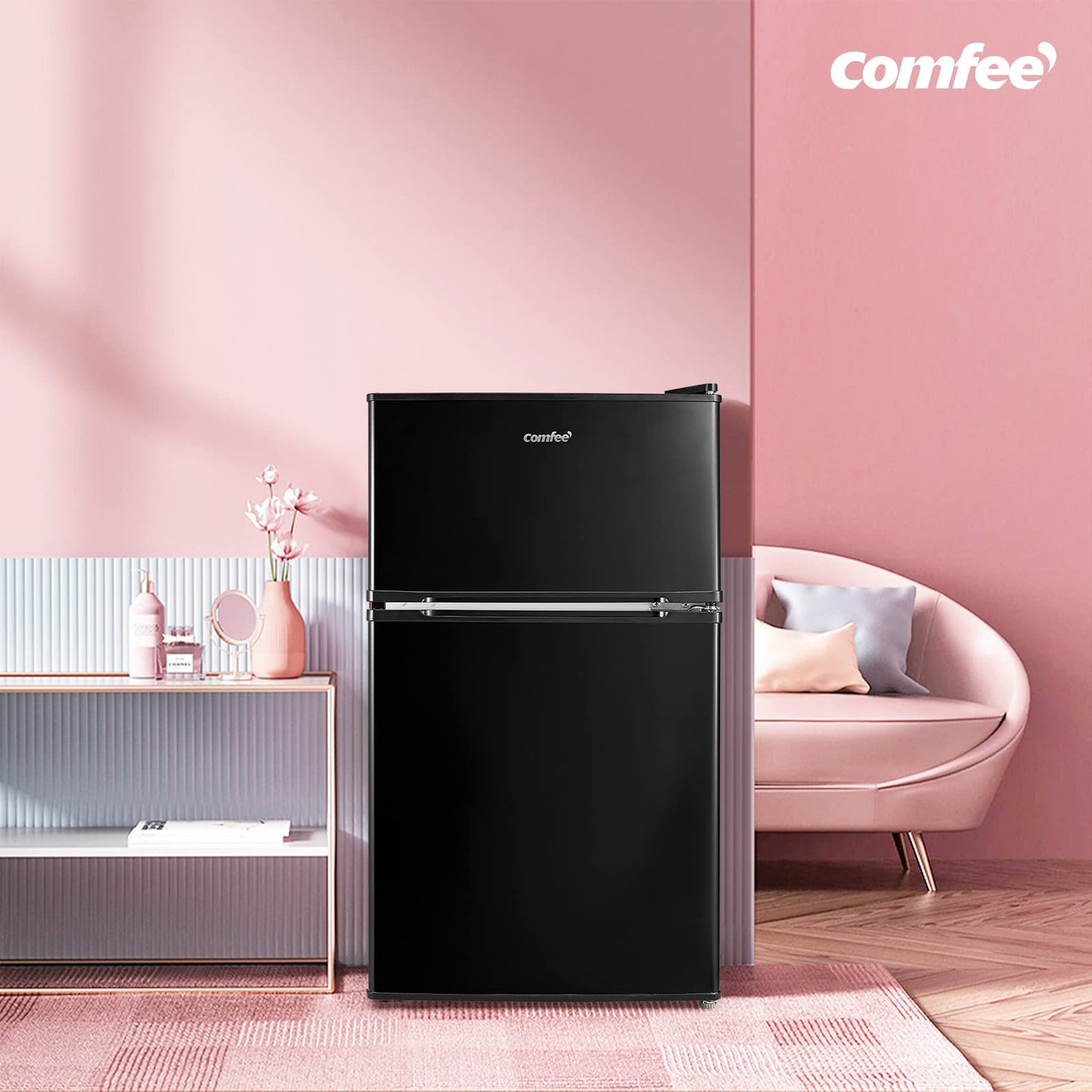 COMFEE' RCT87BL2(E) Under Counter Fridge Freezer, 87L Double Door Small Fridge Freezer with Light, Removable Shelves, Adjustable Thermostats, Reversible Doors Black