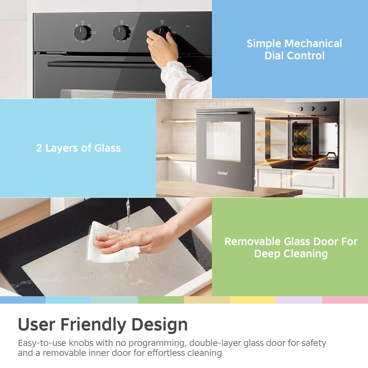COMFEE' 60L, 60cm Wide, Single Electric Built-in Fan Oven, 8 Function with Air Fry, Multiphase Cooking and Easy Cleaning Removable Door, Color Black - CBO60M80M1-BK