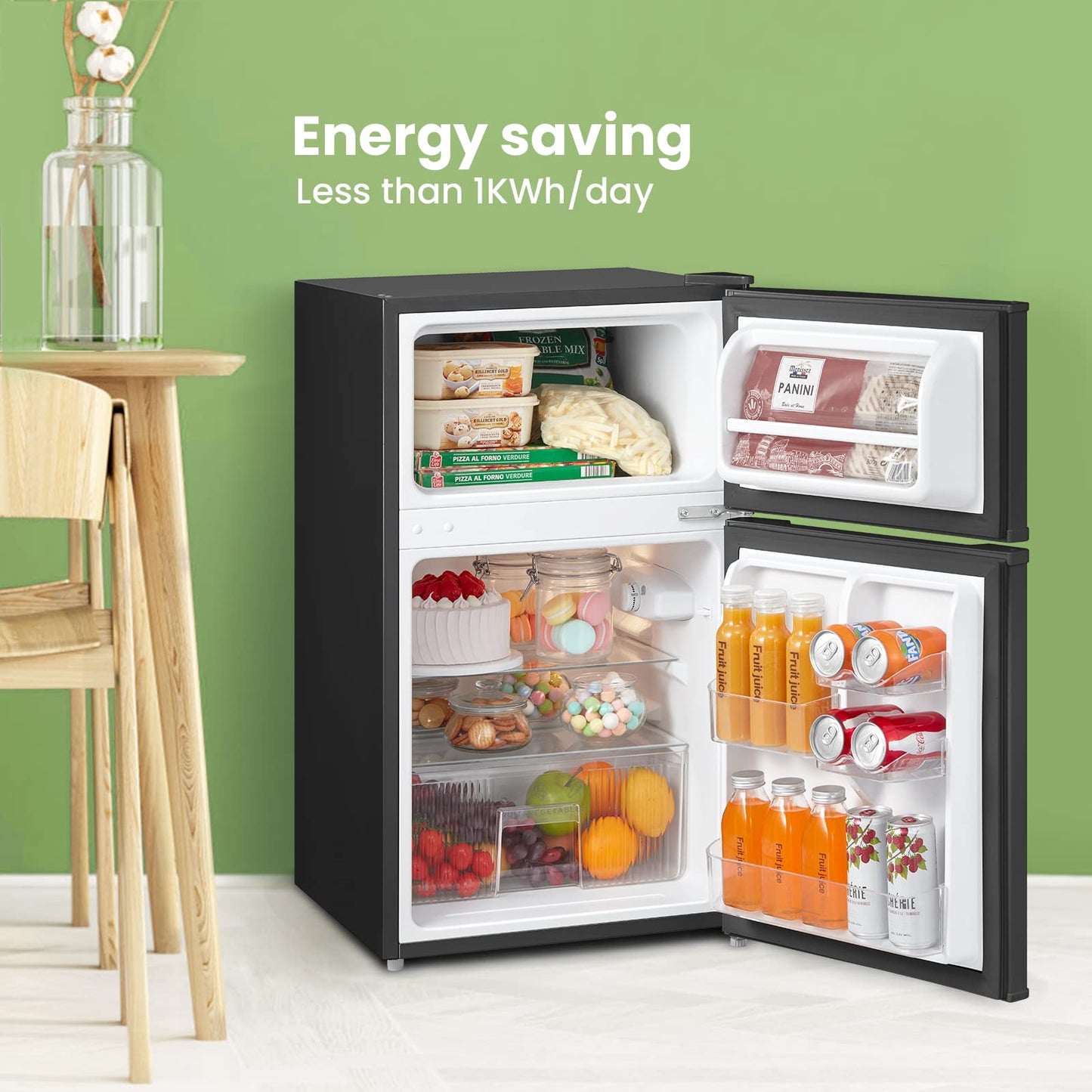 COMFEE' RCT87BL2(E) Under Counter Fridge Freezer, 87L Double Door Small Fridge Freezer with Light, Removable Shelves, Adjustable Thermostats, Reversible Doors Black
