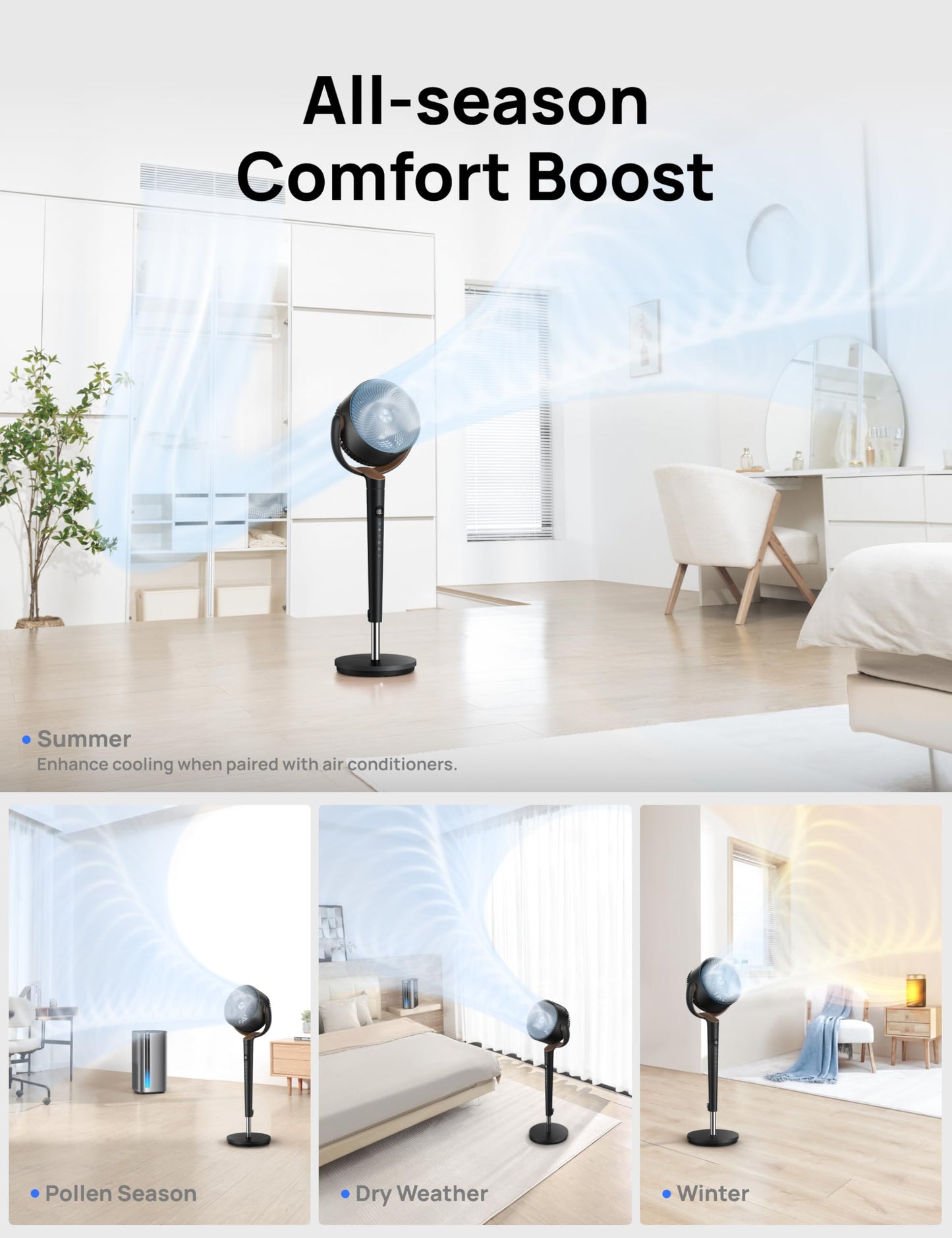 DREO 20dB Ultra Quiet Standing Pedestal Fan for Bedroom, 120° Oscillating Electric Cooling Fan with DC Motor, 9 Speeds & 4 Modes, 8H Timer, Remote, 37-42" Adjustable Height, 9" Blade, Home & Office