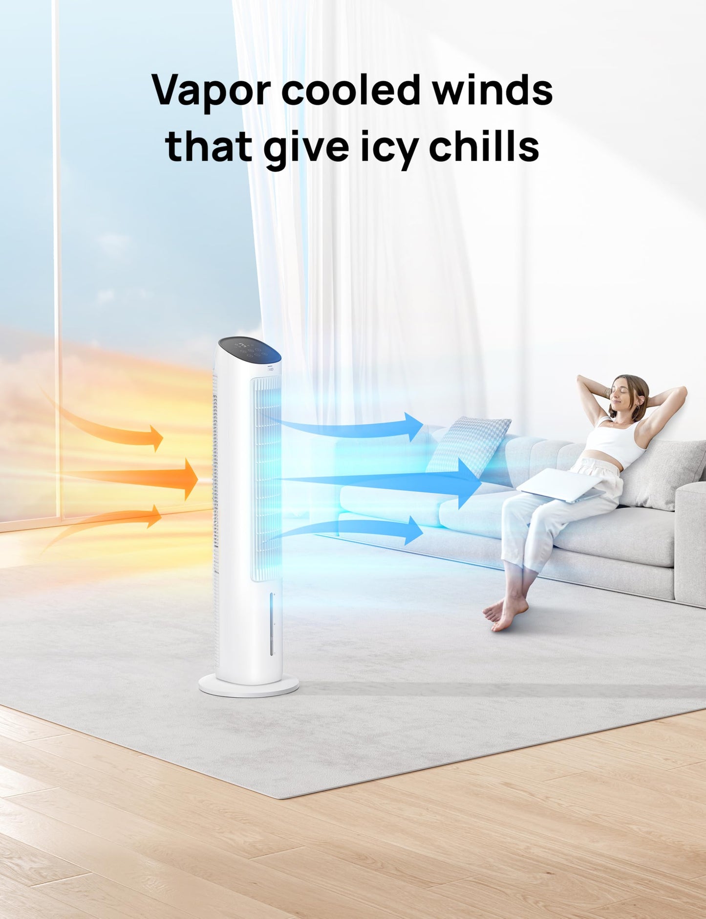 DREO 40“ Evaporative Air Cooler, 35dB Silent Cooling Fan that Blow Cold Air, 80° Oscillating Bladeless Tower Fan for Bedroom, Removable Water Tank, Ice Packs, Remote Control, 4 Speed, 7H Timer, White
