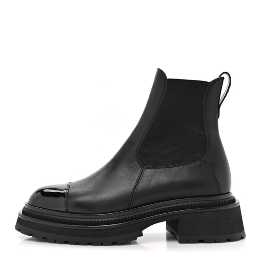 Chanel Calfskin Patent Cap Toe Ankle Boots 37.5 Black
