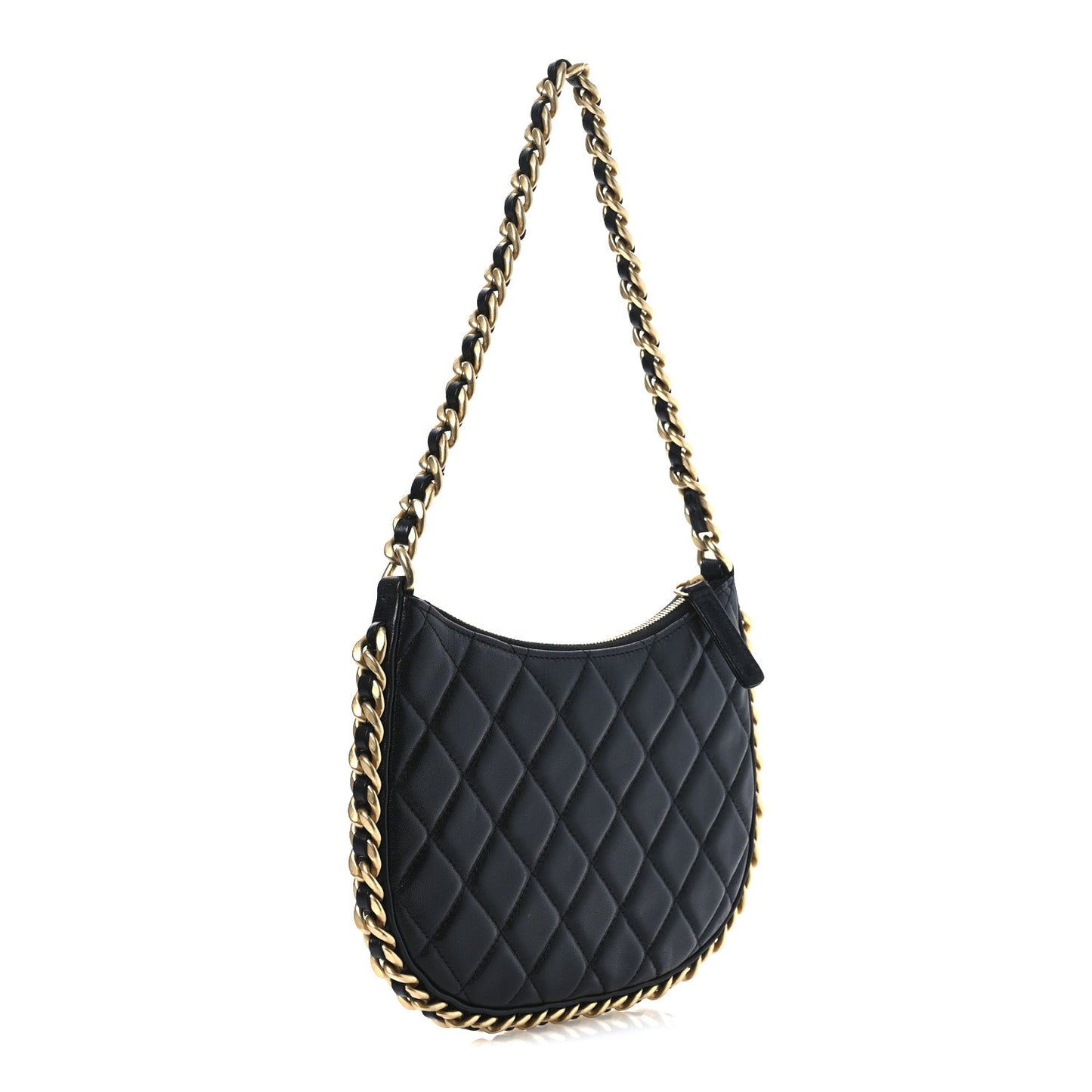 Chanel Shiny Crumpled Lambskin Quilted Trendy Chain Around Hobo Black
