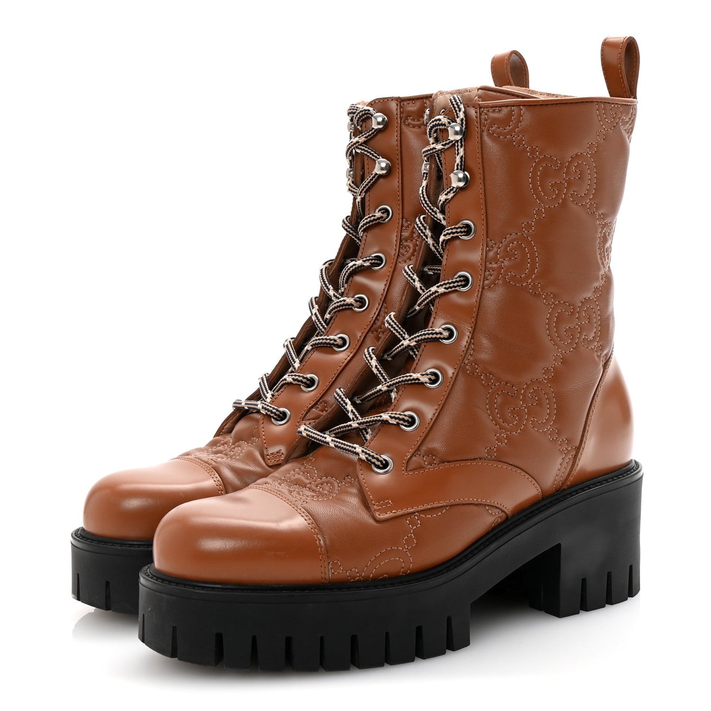 Gucci Cordovan Lux Nappa GG Matelasse Lace Up 60mm Combat Boots 37.5 Dark Hazel Brown