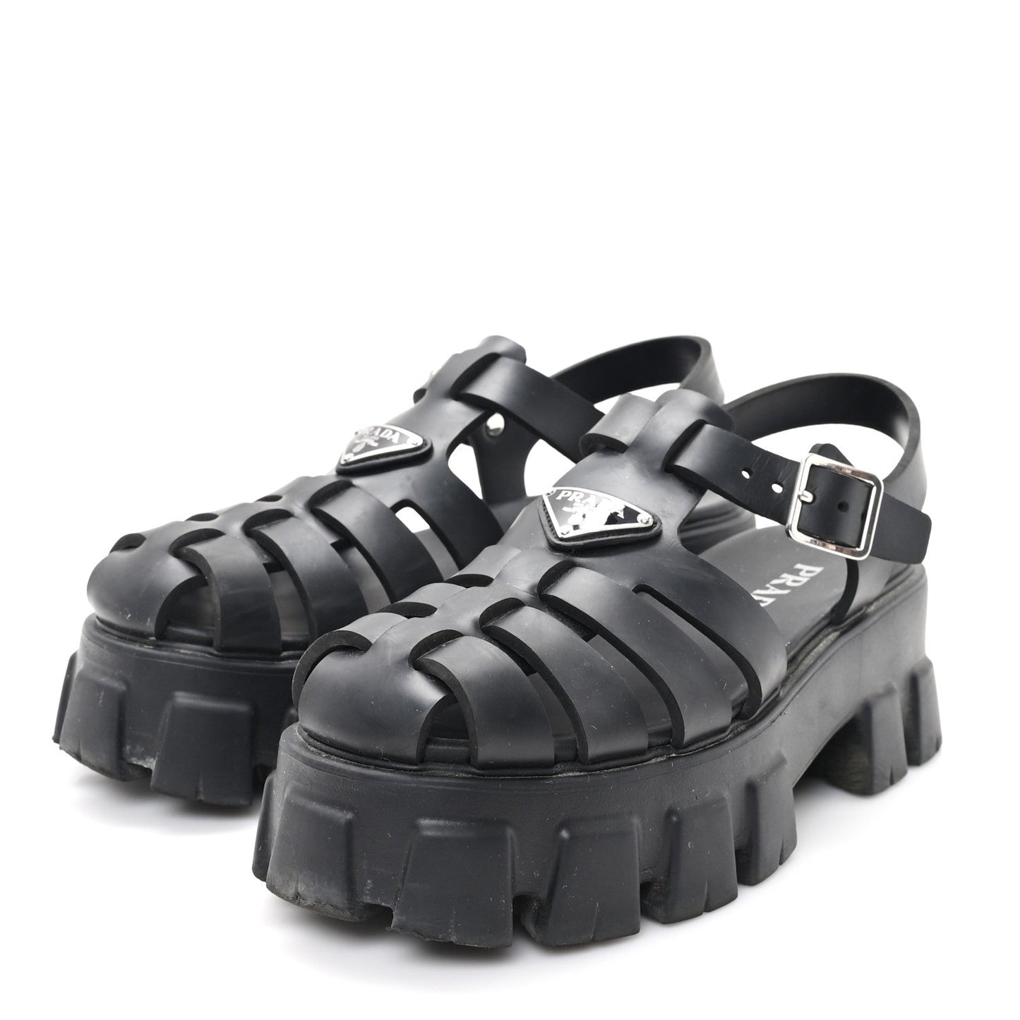 Prada Foam Rubber Triangle Logo Monolith 55mm Cage Sandals 39 Black