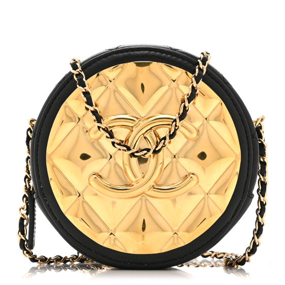 Chanel Lambskin Quilted Golden Plate Round Clutch With Chain Black