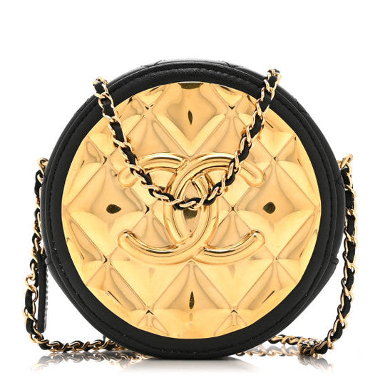 Chanel Lambskin Quilted Golden Plate Round Clutch With Chain Black