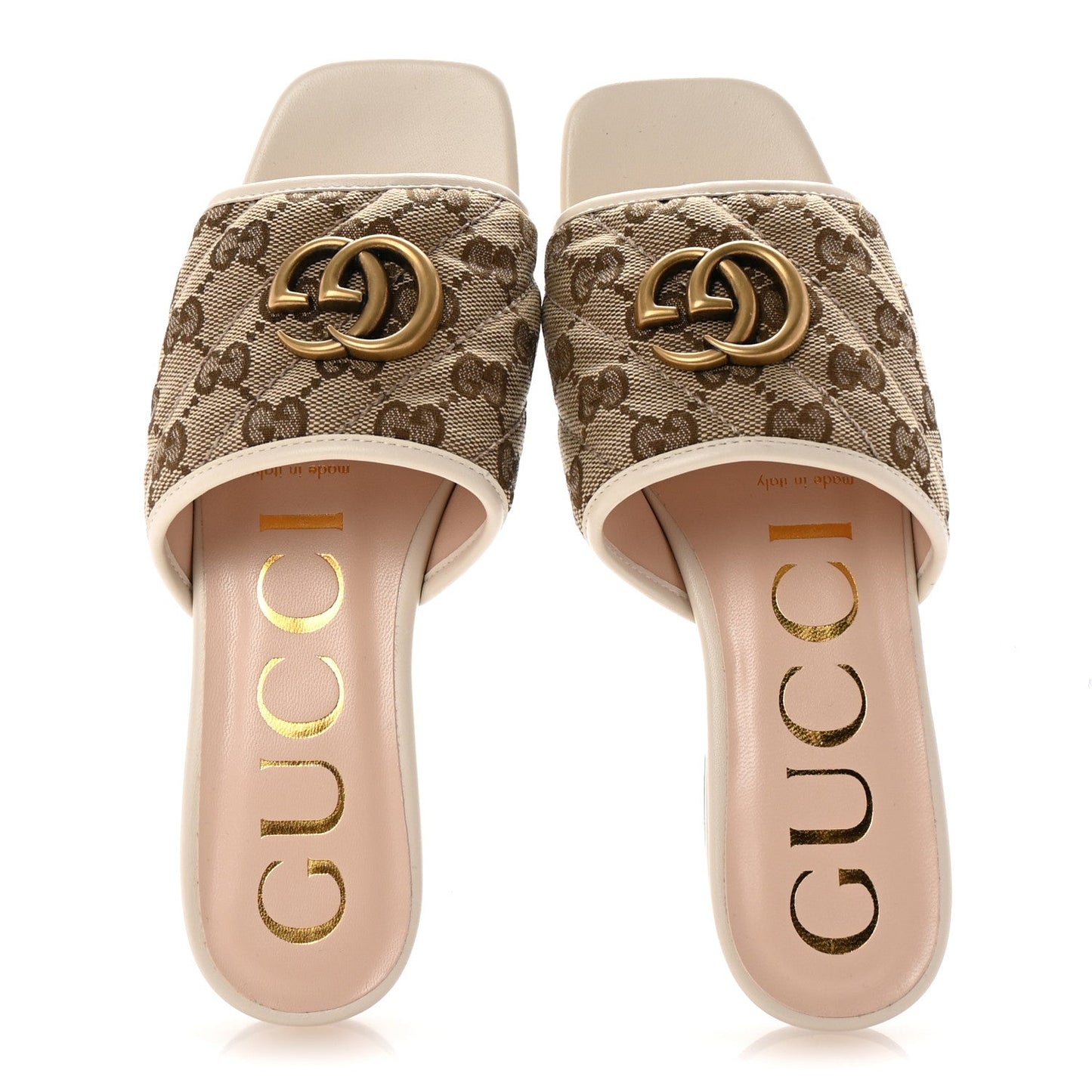 Gucci Monogram Matelasse Diagonal GG Marmont Flat Slide Sandals 35 Beige Ebony Mystic White