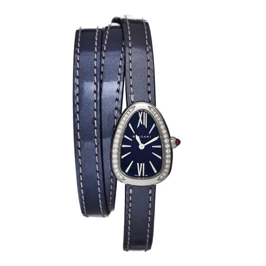 Bvlgari Stainless Steel Calfskin Diamond Bezel 27mm Serpenti Three Wrap Quartz Watch Blue