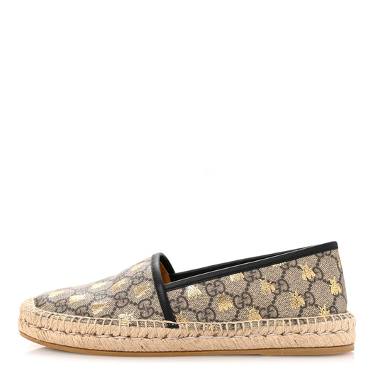 Gucci GG Supreme Monogram Bees Espadrille Flats 38.5 Beige Ebony Oro Black